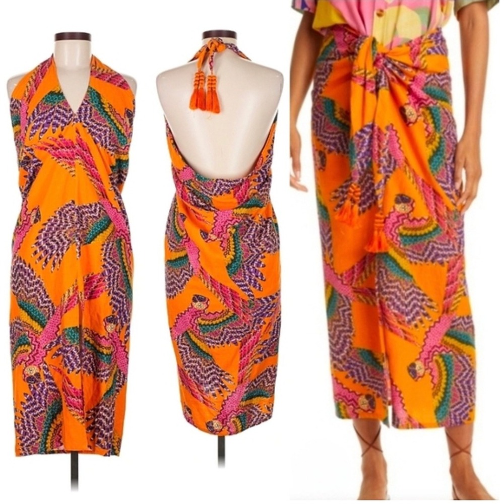 Farm Rio Orange Macaws Print Halter Midi Dress Size M Tassel Tie Back Tropical